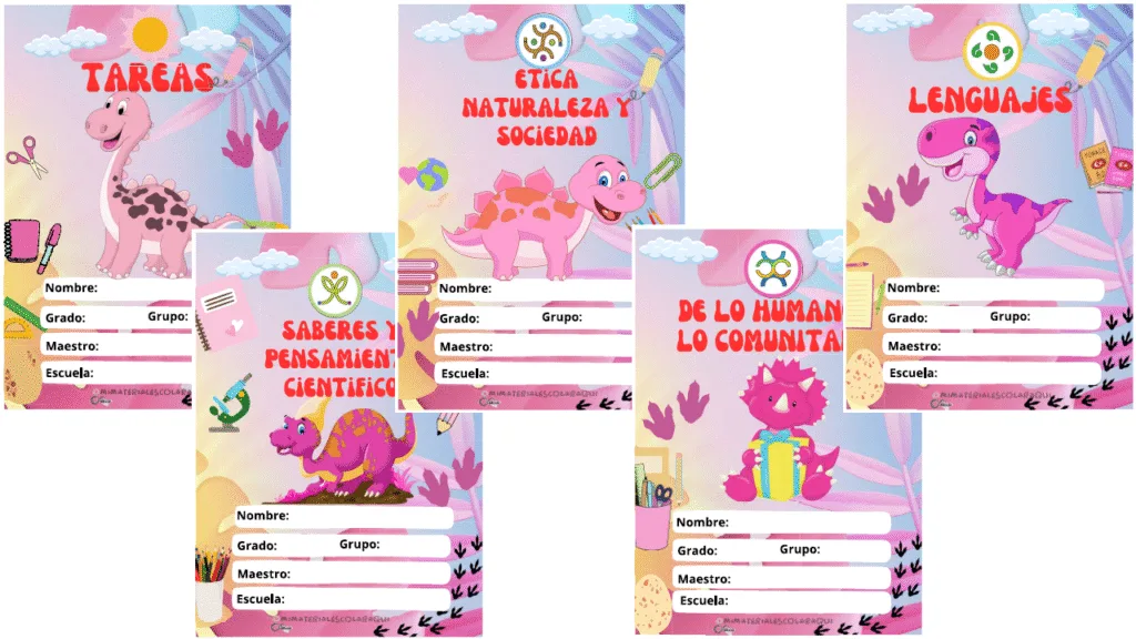 Portada Escolar de Dinosaurios Rosas